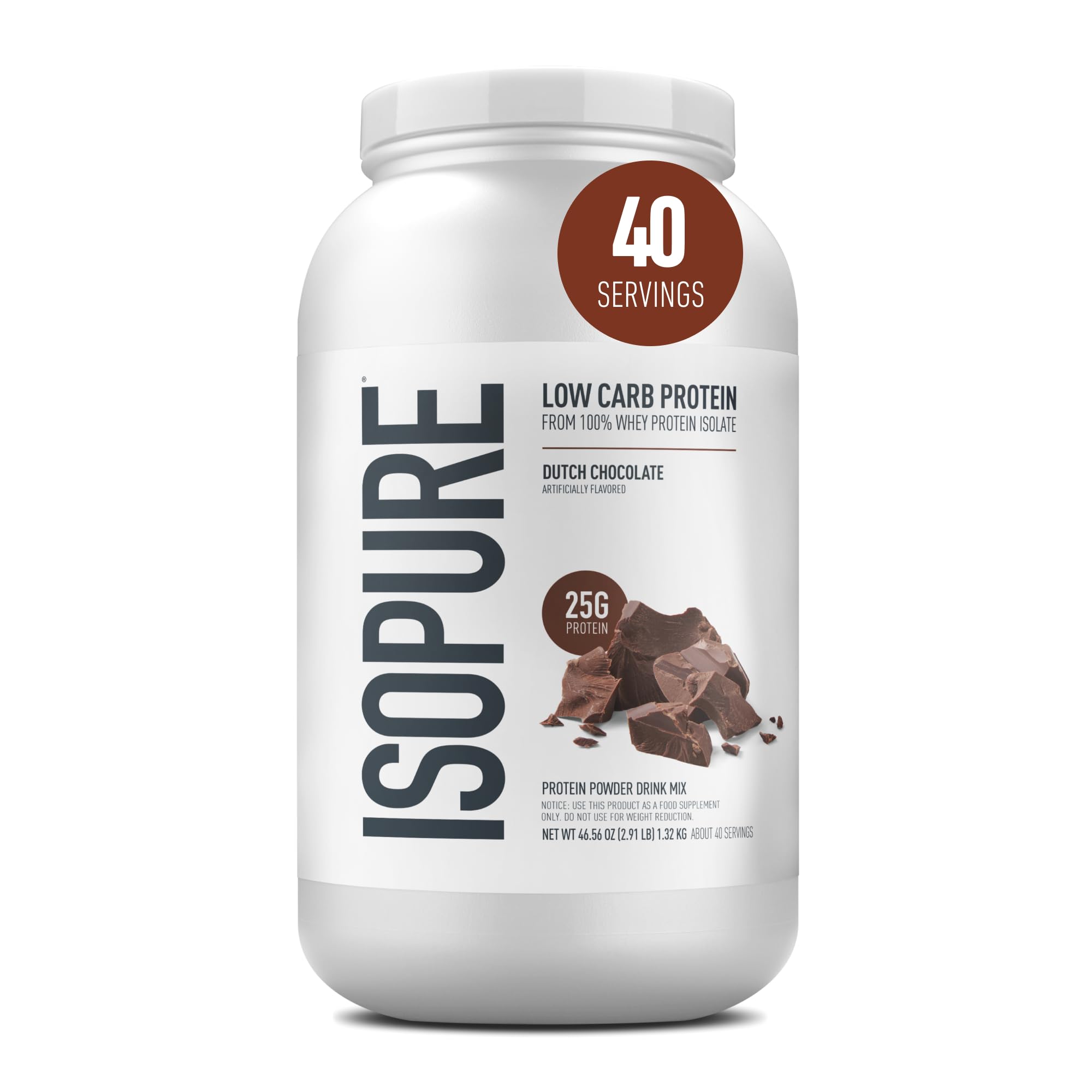 Isopure envase frontal mostrando etiqueta y beneficio proteico