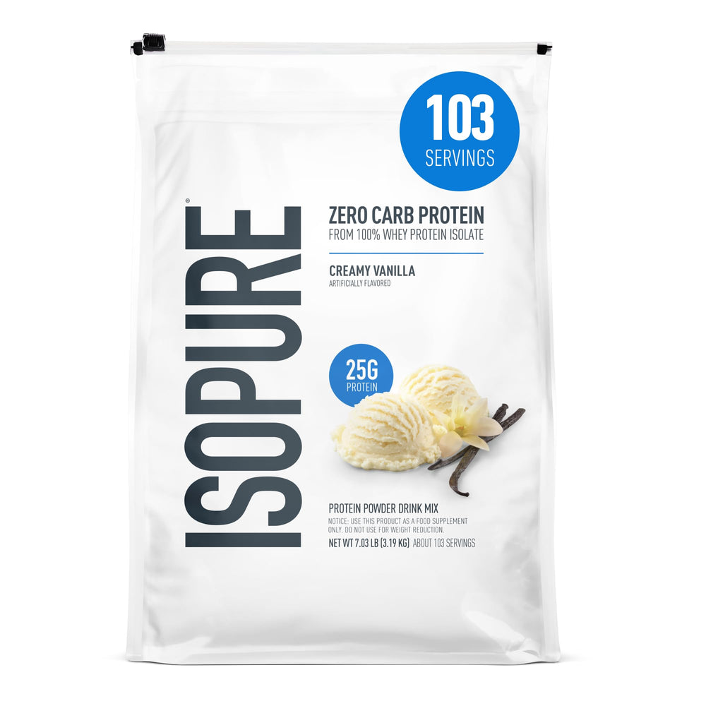 Isopure envase frontal mostrando sabor y tamaño, claridad para elegir