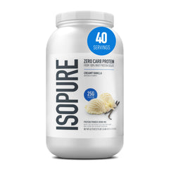 Isopure frente del envase crema vainilla muestra la marca y beneficios