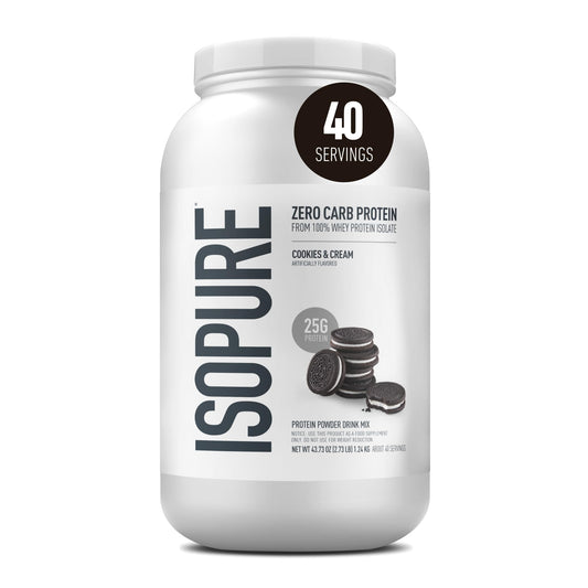 Isopure tarro frontal Cookies and Cream mostrando etiqueta y beneficio proteico