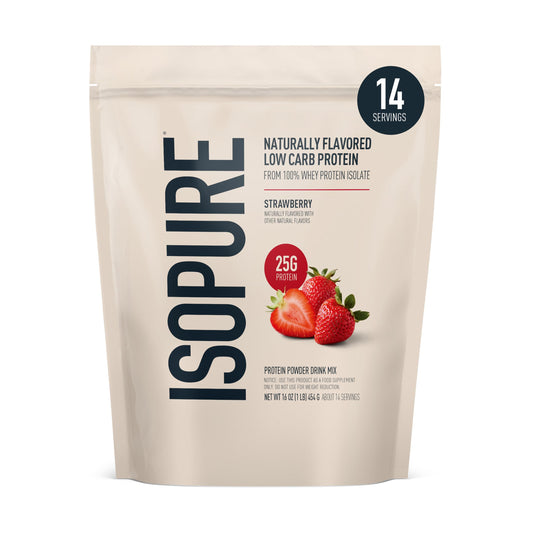 Isopure envase frontal sabor fresa mostrando el diseño y beneficio de 25 g proteína