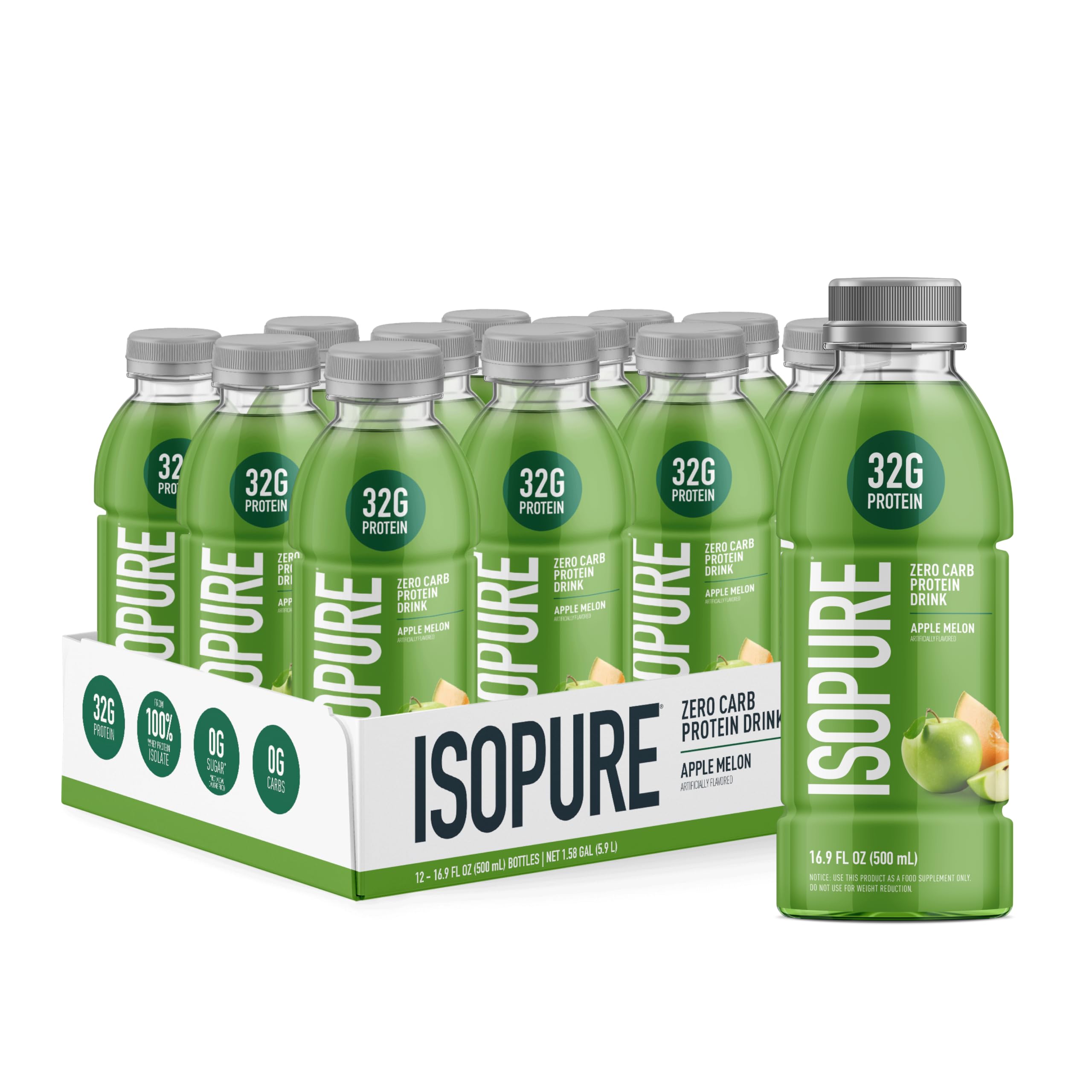 Isopure botella frontal Apple Melon mostrando diseño y conveniencia