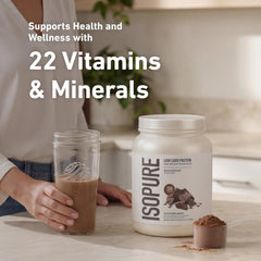 Etiqueta nutricional de Isopure mostrando vitaminas y contenido proteico