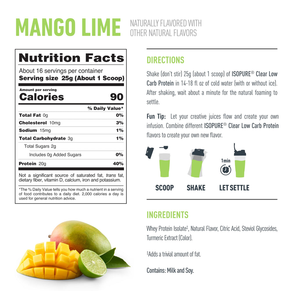 Foto de ingredientes mínimos en etiqueta de Isopure Mango Lime para transparencia