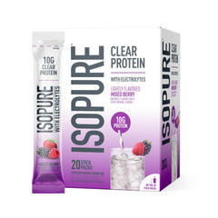 Isopure empaque frontal Mixed Berry mostrando claridad y conveniencia