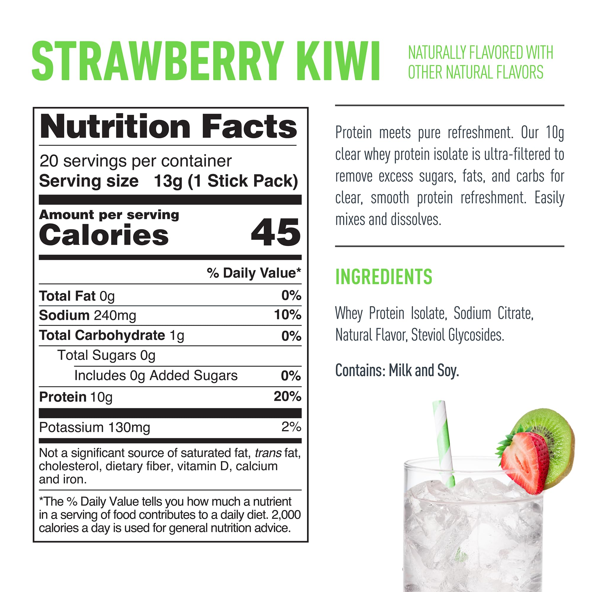 Isopure presentación junto a fresas y kiwis resaltando sabor