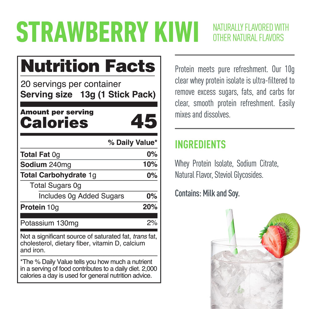 Isopure presentación junto a fresas y kiwis resaltando sabor