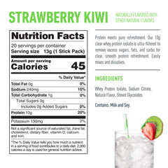 Isopure presentación junto a fresas y kiwis resaltando sabor