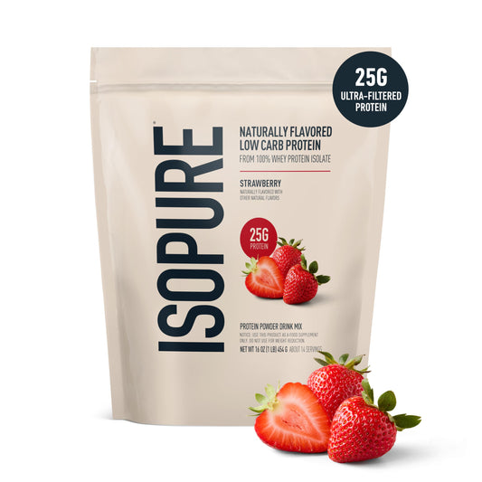 Isopure polvo fresa en primer plano con textura fina y fácil disolución