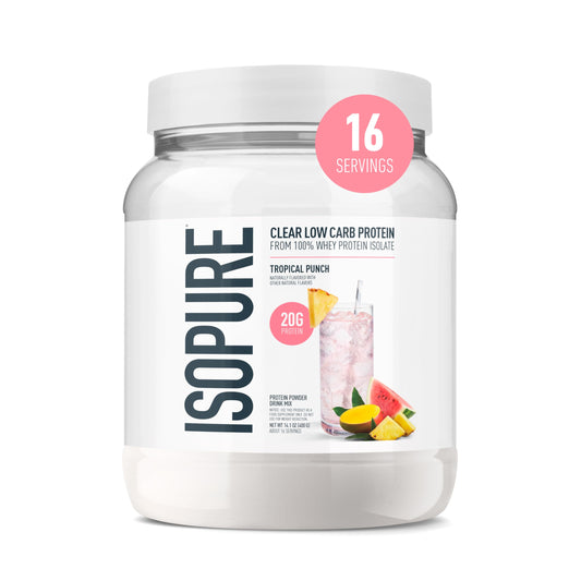 Isopure envase frontal Tropical Punch mostrando marca y beneficio refrescante