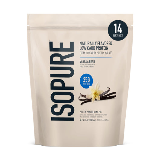Isopure paquete frontal Vainilla Bean mostrando la marca y beneficio de 25 g proteína