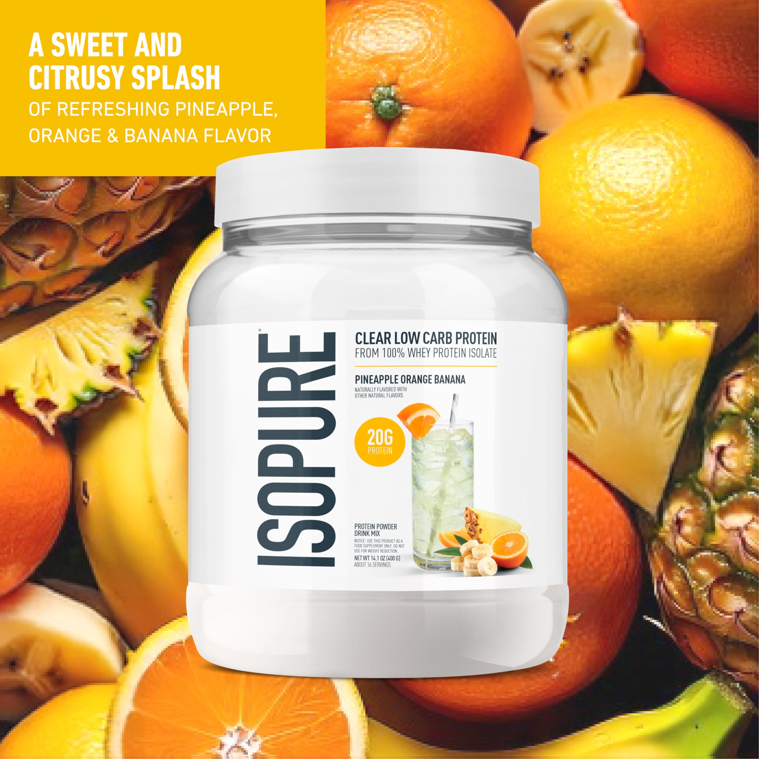 Isopure vaso con bebida clara y fría que ofrece hidratación y proteína