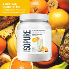 Isopure vaso con bebida clara y fría que ofrece hidratación y proteína