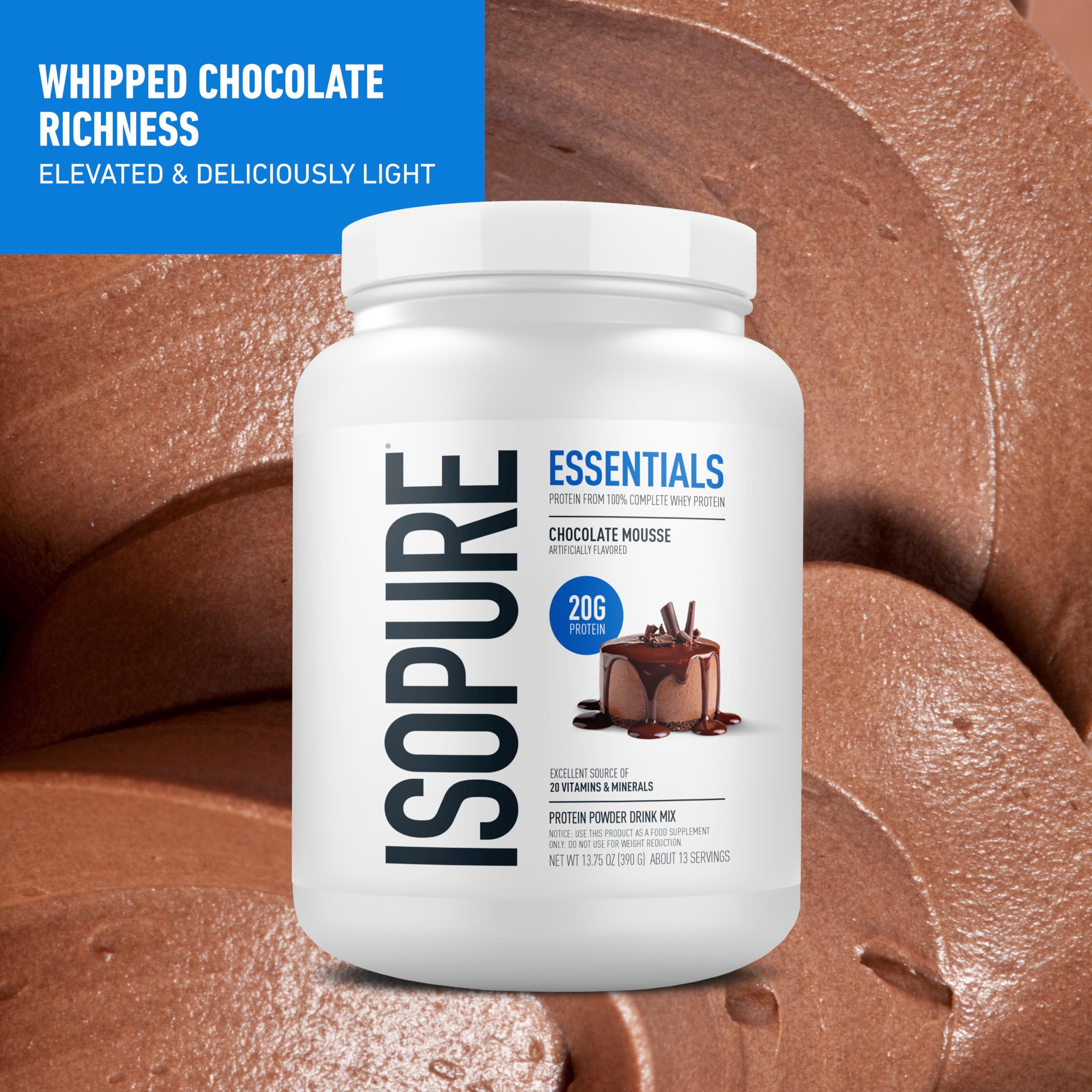 Isopure batido preparado en vaso, sabor chocolate y aporte proteico
