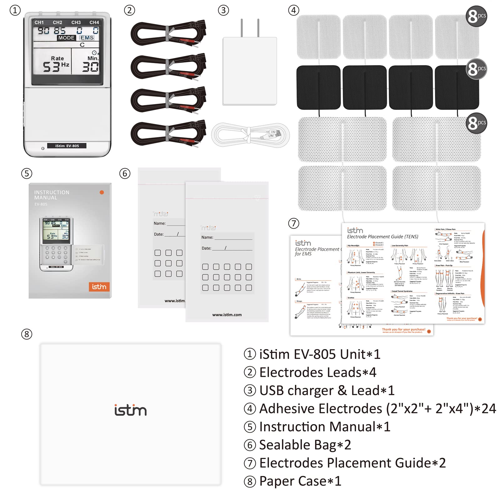 iSTIM EV-805 accesorios: cables, electrodos y cargador listos para usar