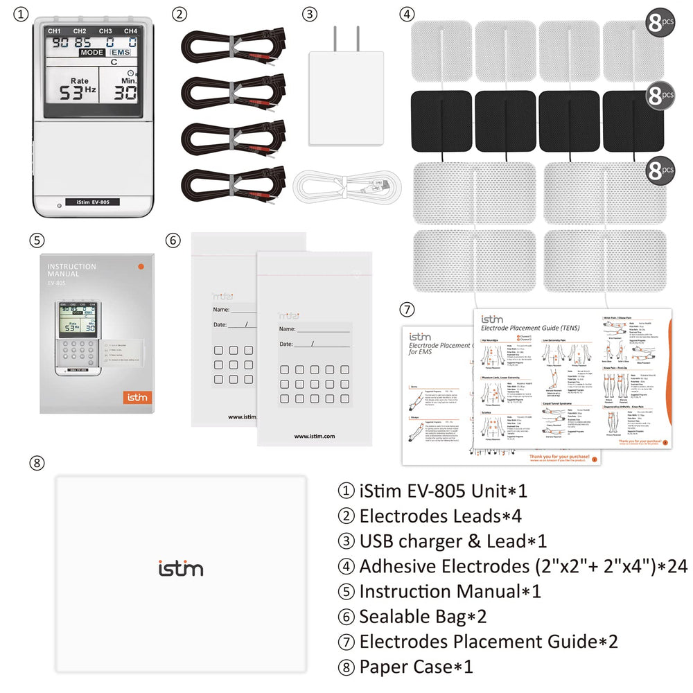 iSTIM EV-805 accesorios: cables, electrodos y cargador listos para usar