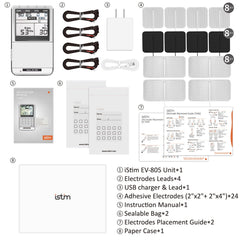 iSTIM EV-805 accesorios: cables, electrodos y cargador listos para usar