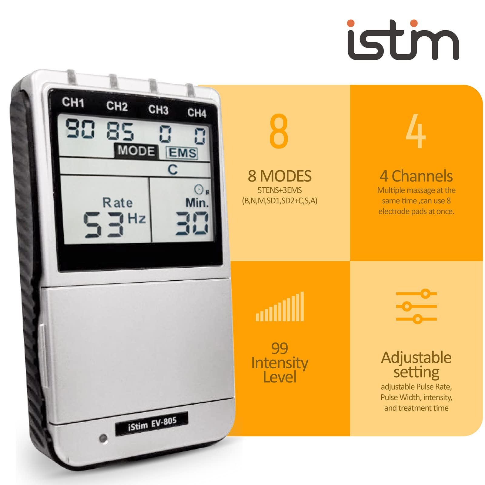 iSTIM EV-805 pantalla retroiluminada con lectura clara para ajustes rápidos
