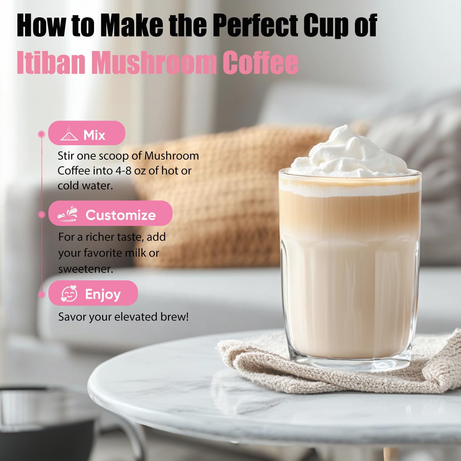 Itiban slim mushroom momento matinal con bebida, mejora concentración diaria