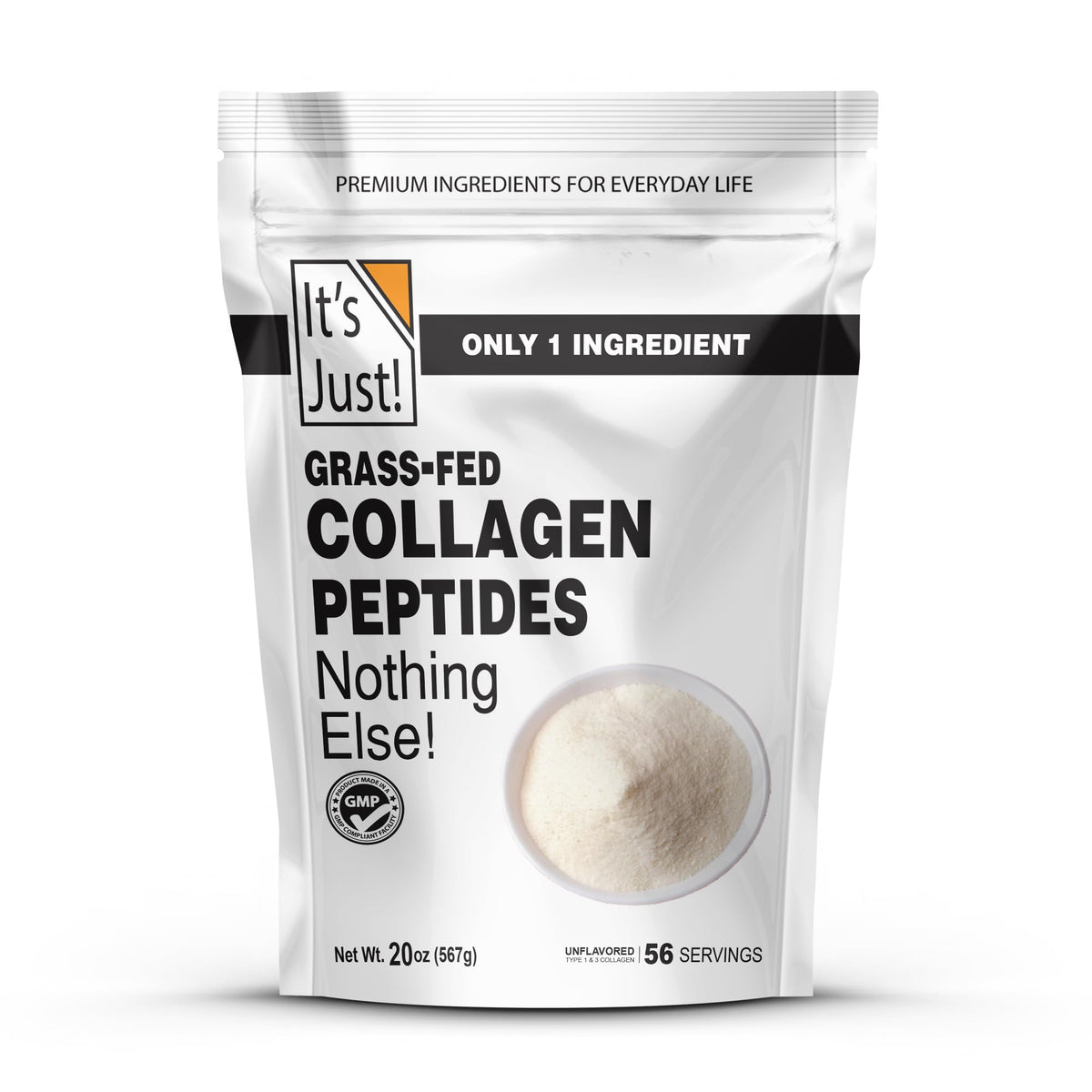 It's Just! envase frontal de Collagen Peptides mostrando tamaño y marca, confianza
