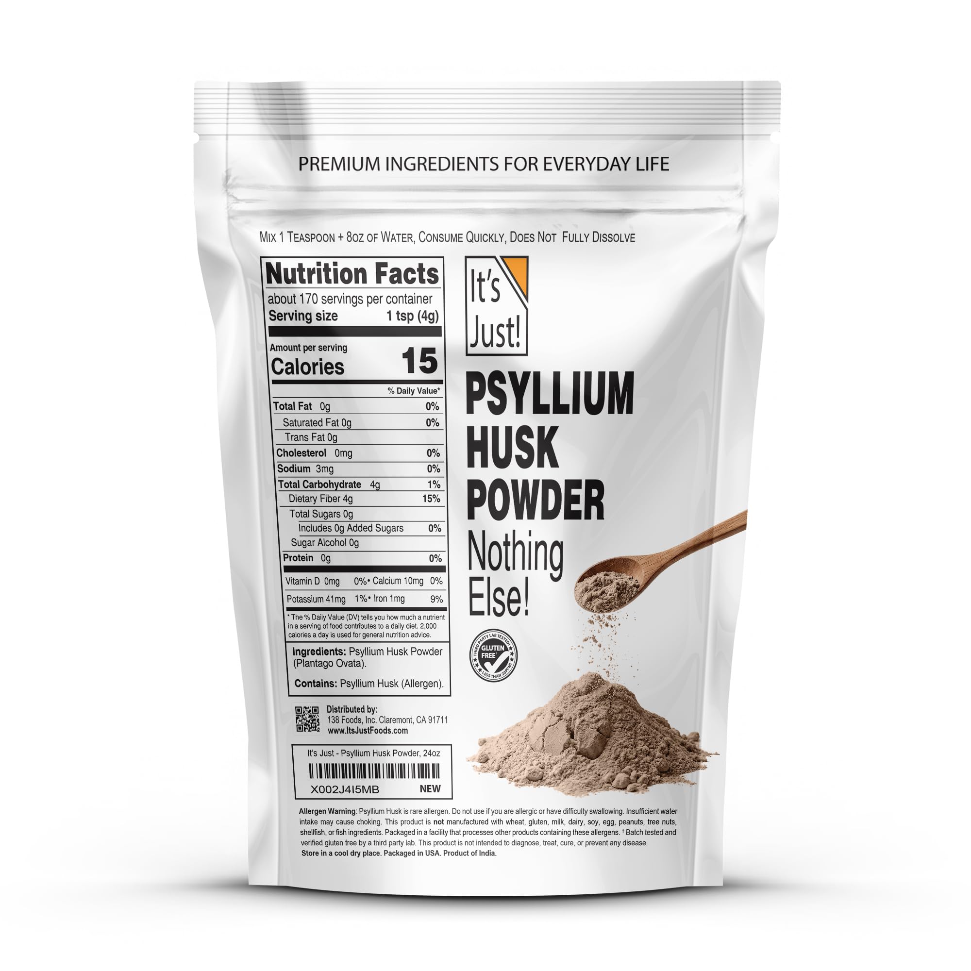 It's Just! polvo de psyllium en primer plano, textura fina que facilita mezclado