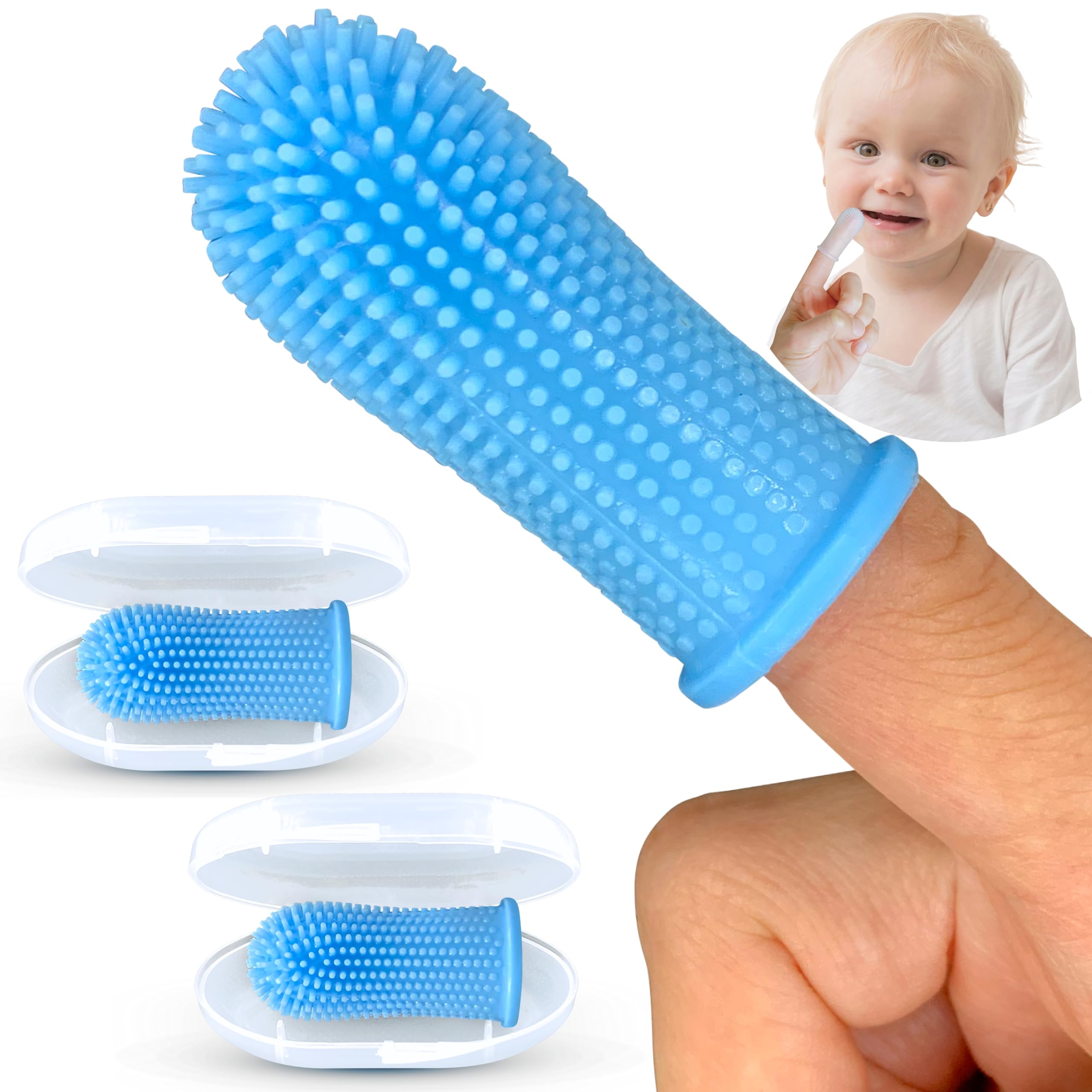 Itsy Bitsy vista frontal del empaque con dos cepillos azul, beneficio limpieza segura