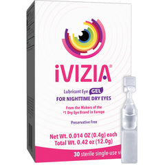 iVIZIA paquete frontal del gel nocturno mostrando viales monodosis y beneficio de higiene