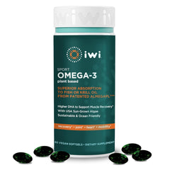Iwi omega‑3 sport vista frontal del bote y aporte vegano