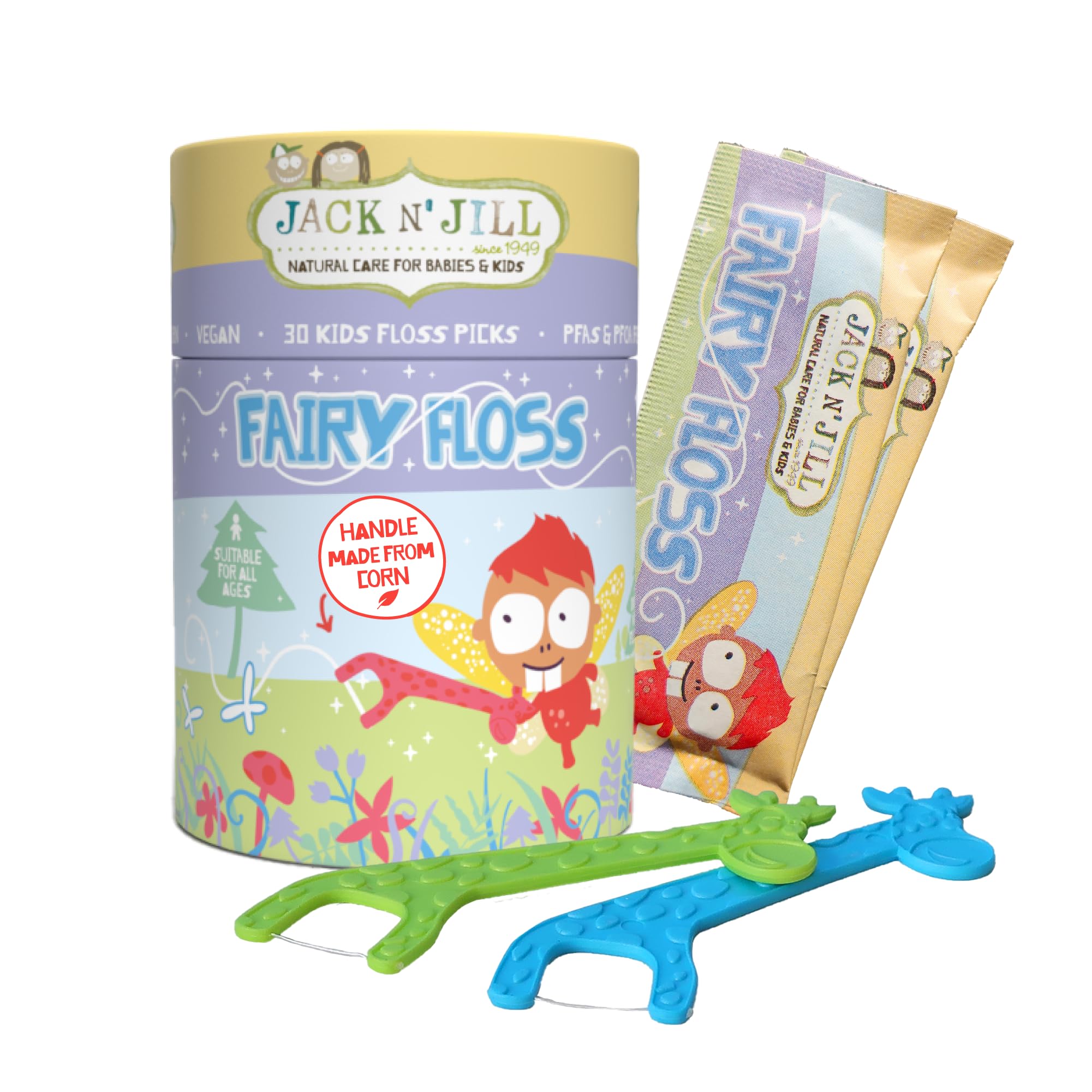 Jack N' Jill empaque frontal Fairy Floss mostrando 30 palitos y beneficio diversión