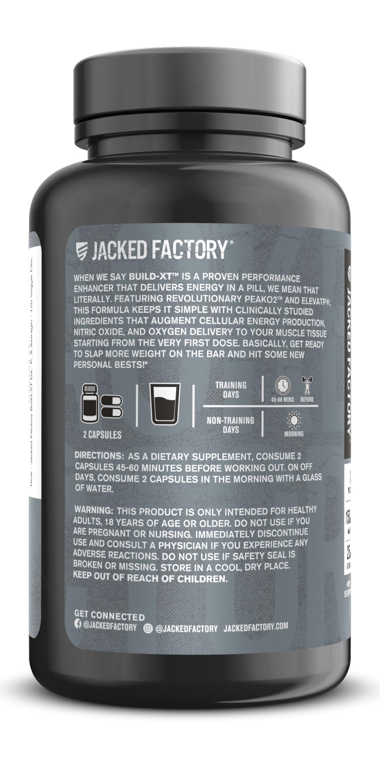 Jacked Factory frasco abierto con cápsulas visibles, listo para uso diario