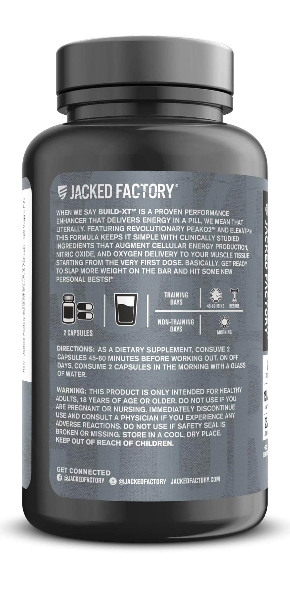 Jacked Factory frasco abierto con cápsulas visibles, listo para uso diario