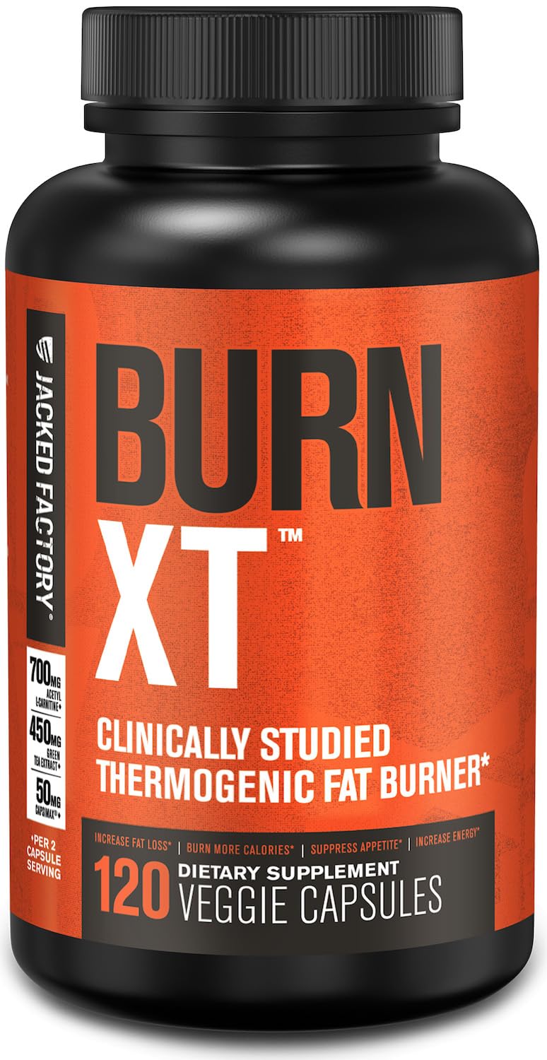 Jacked Factory Burn-XT botella frontal mostrando claridad de la etiqueta y beneficio energía