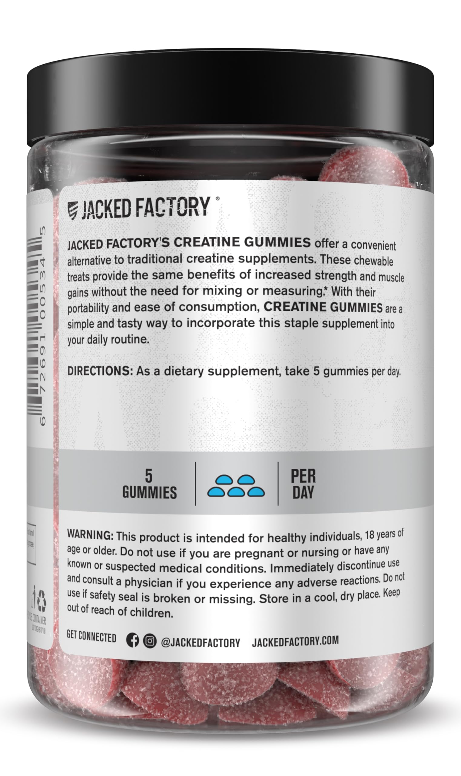 Jacked Factory gominolas alineadas que muestran la dosis diaria