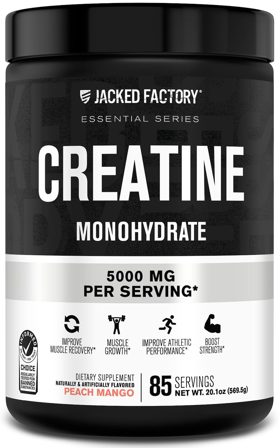 Jacked Factory envase frontal mostrando 425 g y sabor Peach Mango para confianza