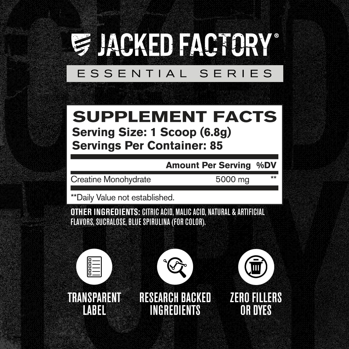 Jacked Factory etiqueta con ingredientes claros y sin rellenos, transparencia