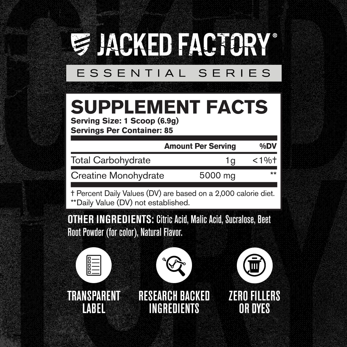 Jacked Factory etiqueta con ingredientes y certificaciones para confianza