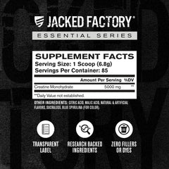 Jacked Factory etiqueta con ingredientes claros y sin rellenos, transparencia