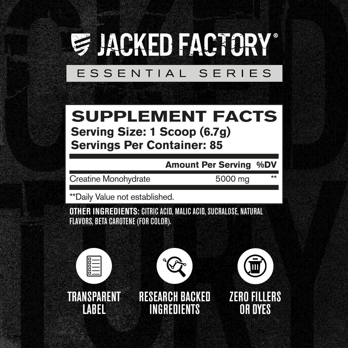 Etiqueta nutricional Jacked Factory creatina mostrando pureza y ingredientes