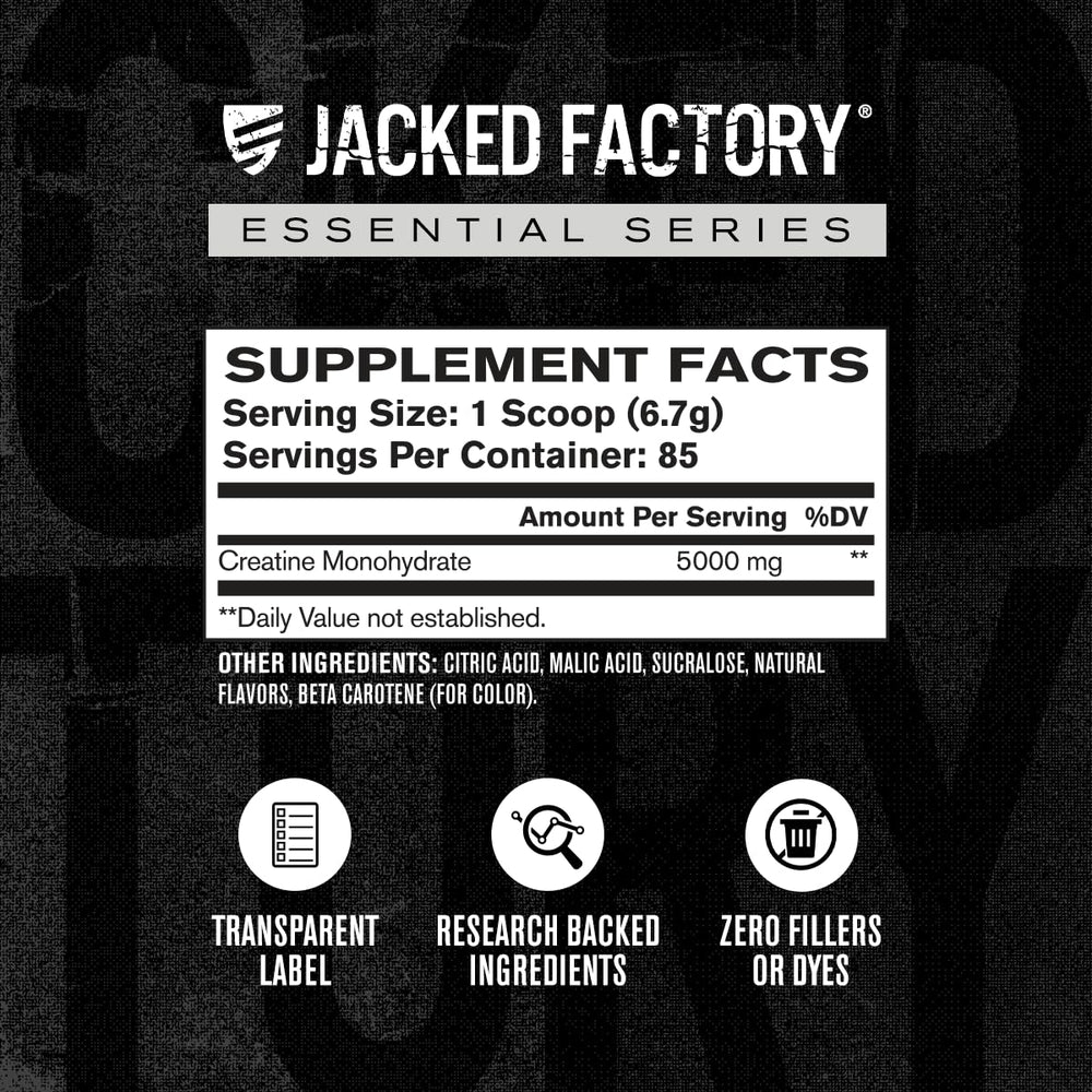Etiqueta nutricional Jacked Factory creatina mostrando pureza y ingredientes