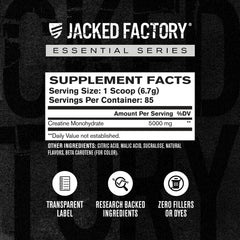 Etiqueta nutricional Jacked Factory creatina mostrando pureza y ingredientes