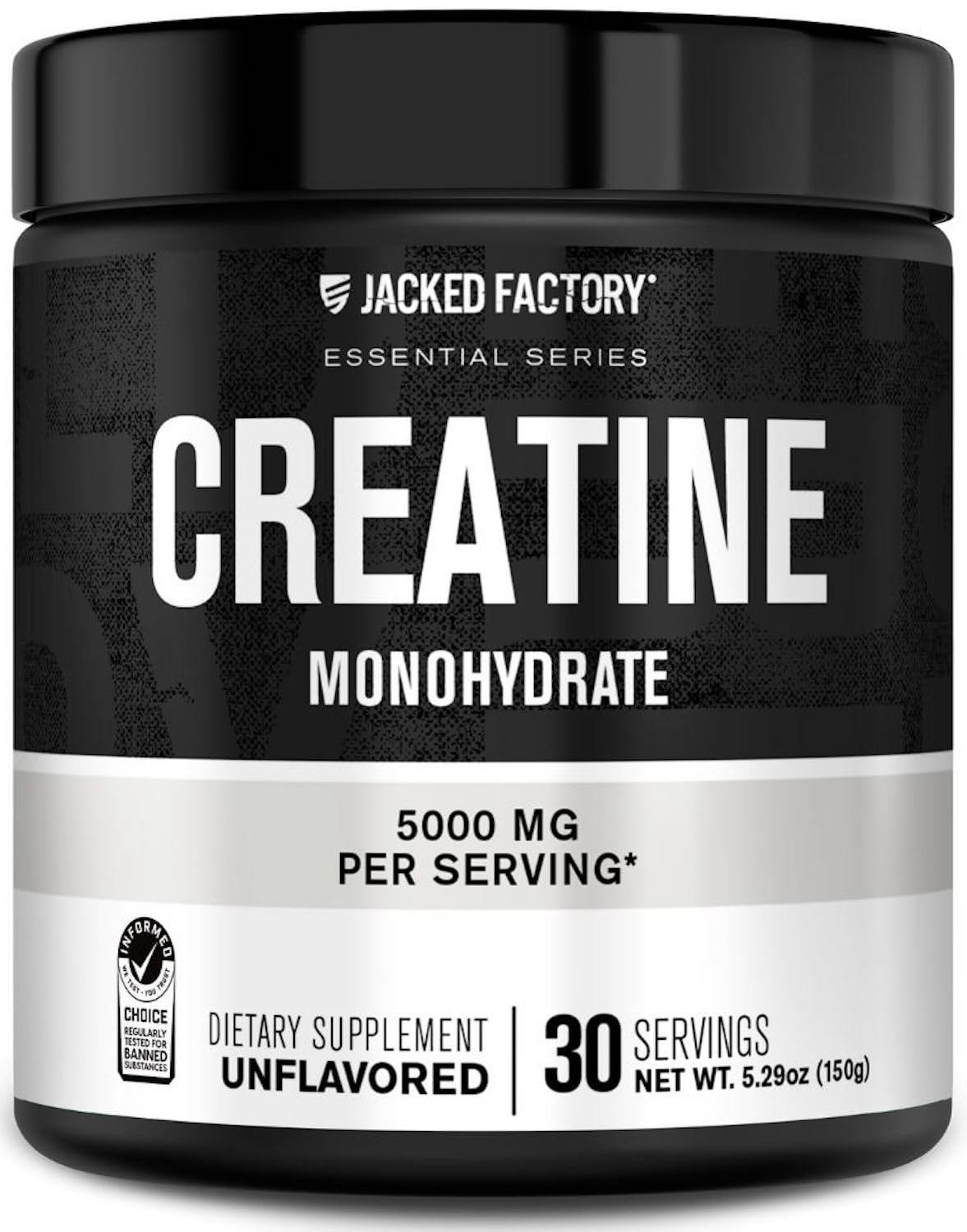 Jacked Factory envase frontal de creatina 150g mostrando etiqueta y diseño profesional