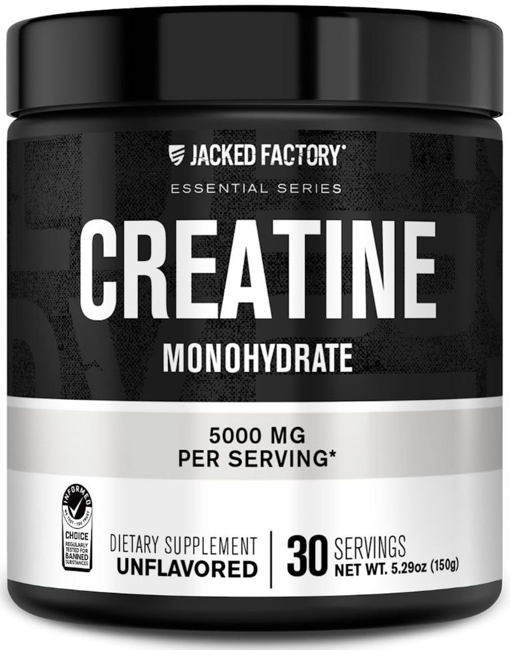 Jacked Factory envase frontal de creatina 150g mostrando etiqueta y diseño profesional