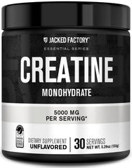 Jacked Factory envase frontal de creatina 150g mostrando etiqueta y diseño profesional