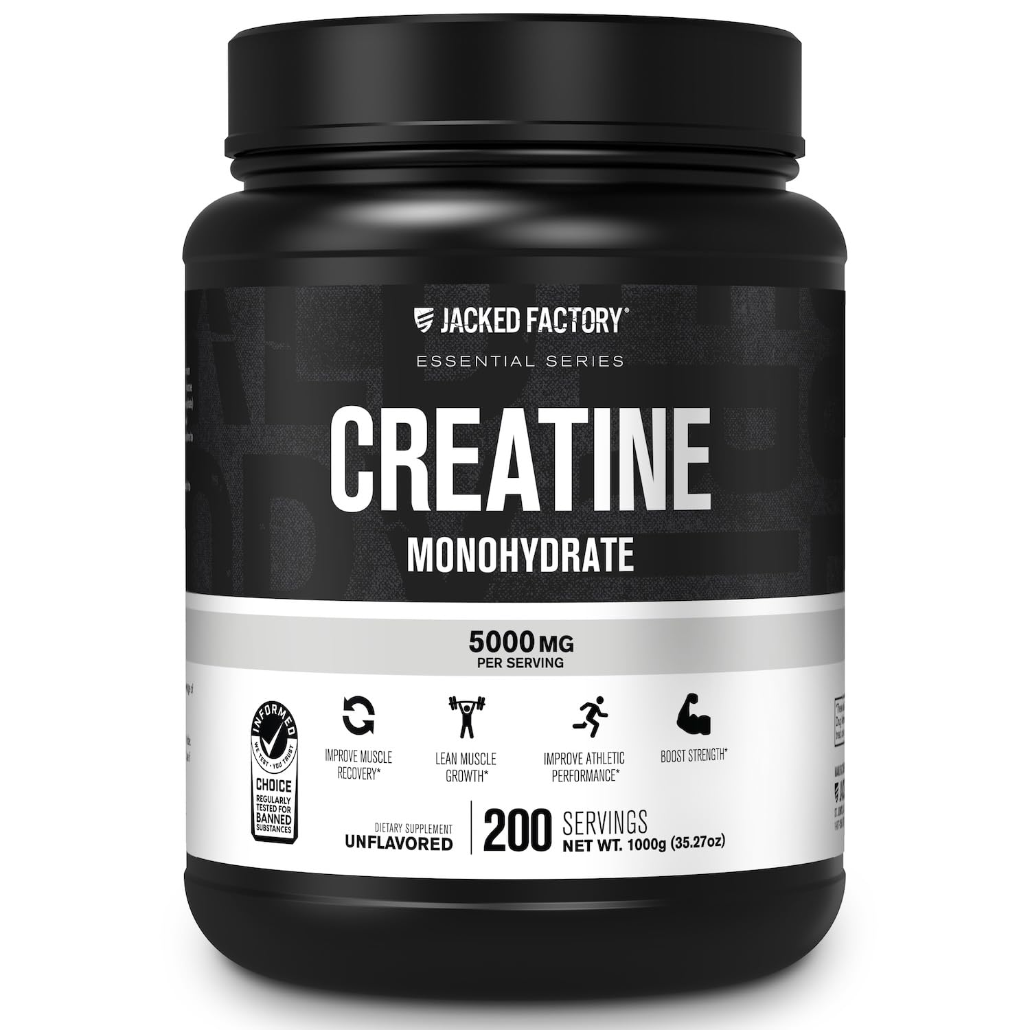 Envase Jacked Factory creatina monohidrato 1000 g mostrando la marca y formato práctico
