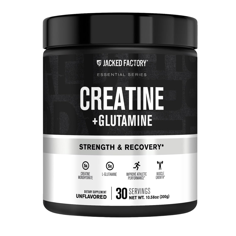 Frasco de Jacked Factory Creatine + Glutamine para recuperación muscular rápida.