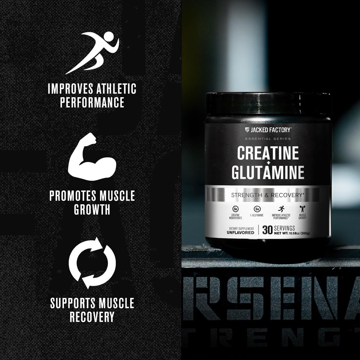 Frasco abierto de Jacked Factory Creatine + Glutamine sobre la mesa para uso diario.