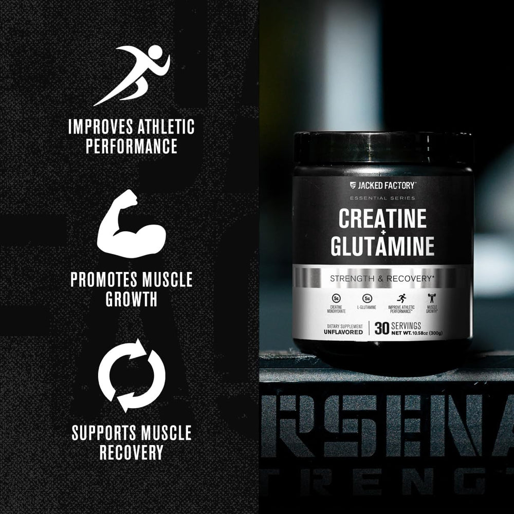 Frasco abierto de Jacked Factory Creatine + Glutamine sobre la mesa para uso diario.
