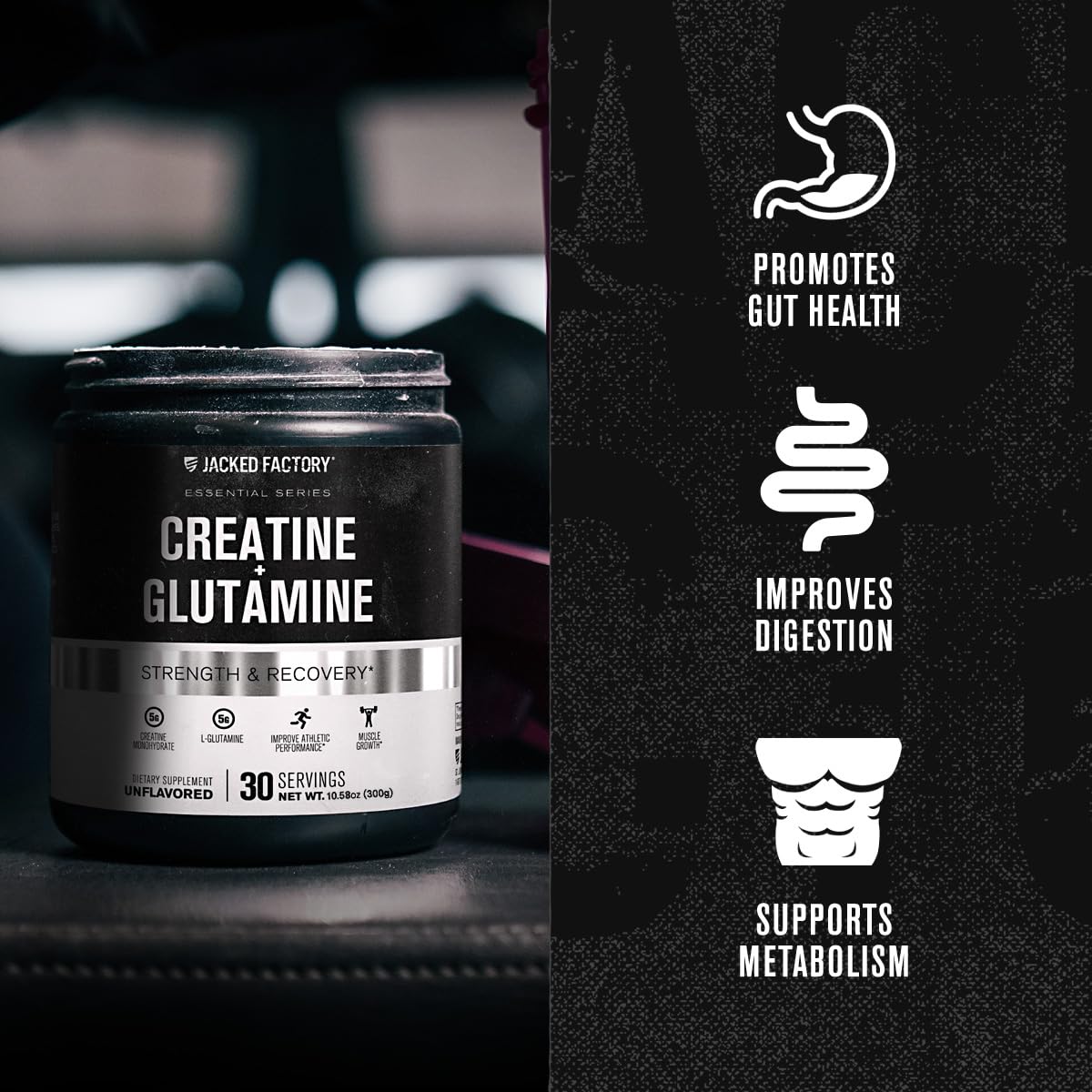 Mezcla de polvo de Jacked Factory Creatine + Glutamine en vaso para rendimiento sostenido.