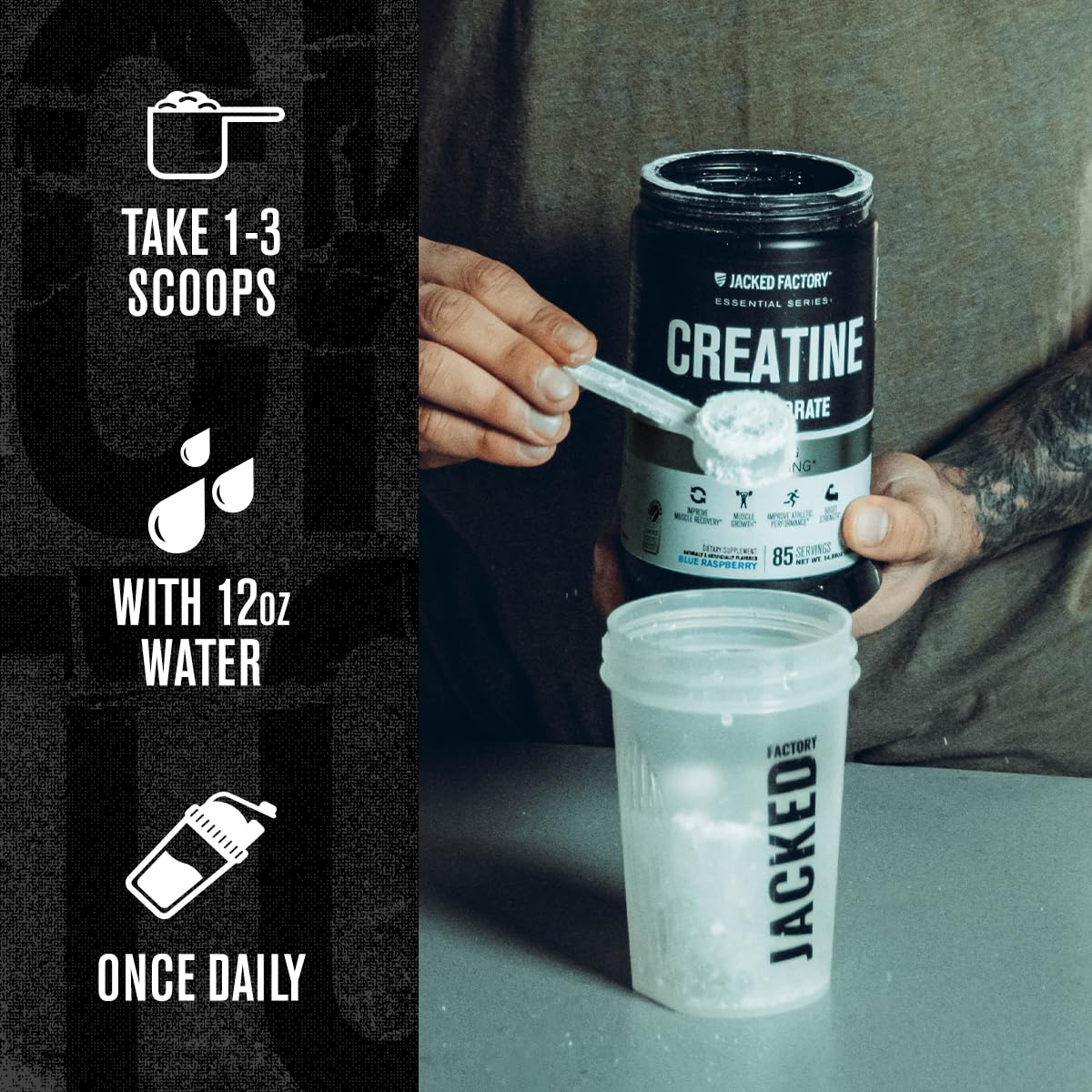 Jacked Factory sirviendo creatina en batido proteico, compatibilidad y sabor