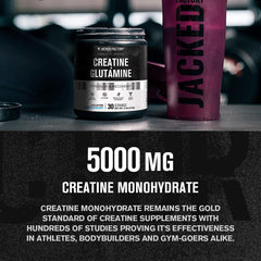 Cuchara con porción de Jacked Factory mostrando 5 g creatina y 5 g glutamina